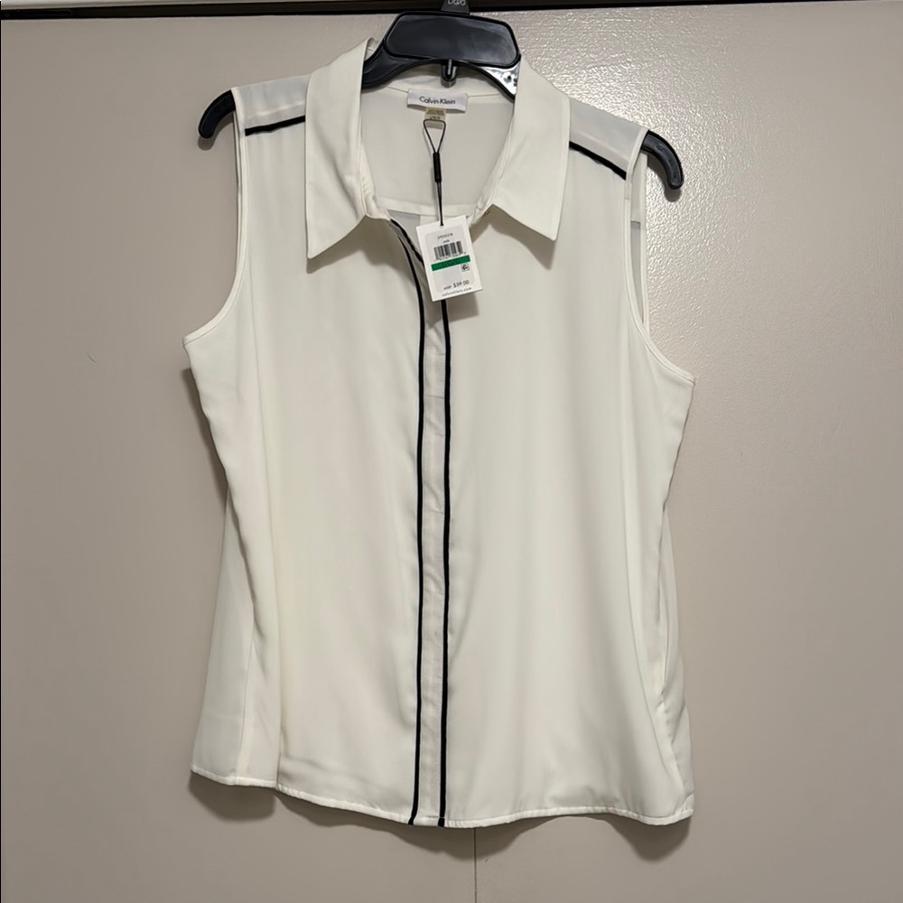 Calvin Klein White Sleeveless Blouse with Notched Collar